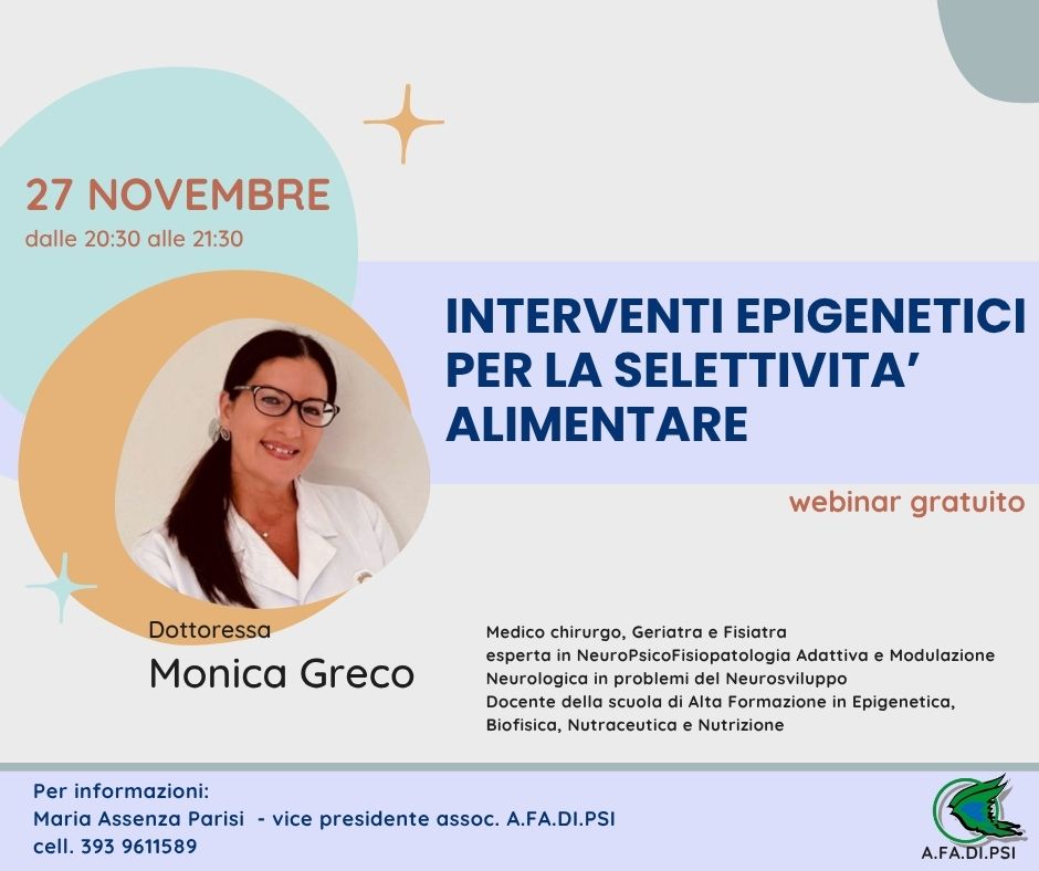 Scopri di più sull'articolo Interventi epigenetici per la selettività alimentare, 27 novembre 2025, webinar gratuito